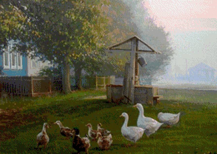 Вечером у колодца - улица, колодец, лето, пейзаж, птицы, деревня - предпросмотр