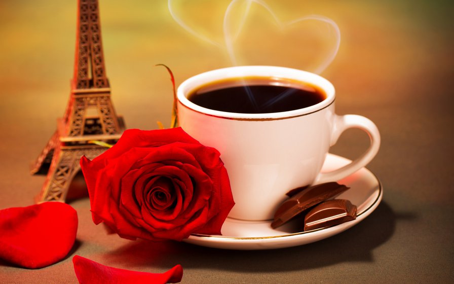 №701638 - цветы, эйфелева башня, чашка кофе, натюрморт, розы - оригинал