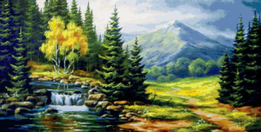 лесной водопад - пейзаж, водопад, лес, река, горы - предпросмотр