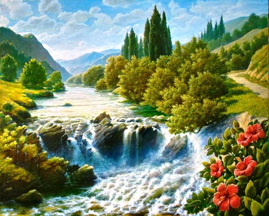 лесной водопад - лес, река, пейзаж, водопад, цветы - оригинал