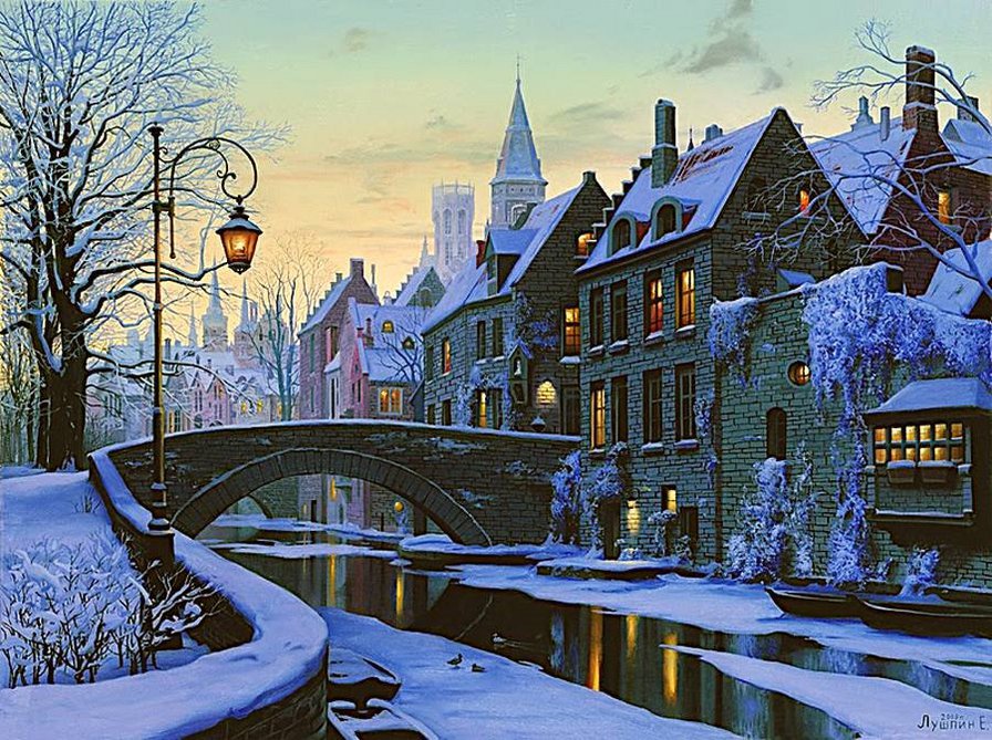 Зимний пейзаж - река, дома, мост, зима - оригинал