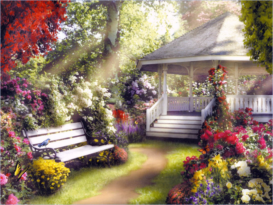 Солнечное утро - беседка, скамья, сад, утро, пейзаж, солнце. свет, цветы - оригинал