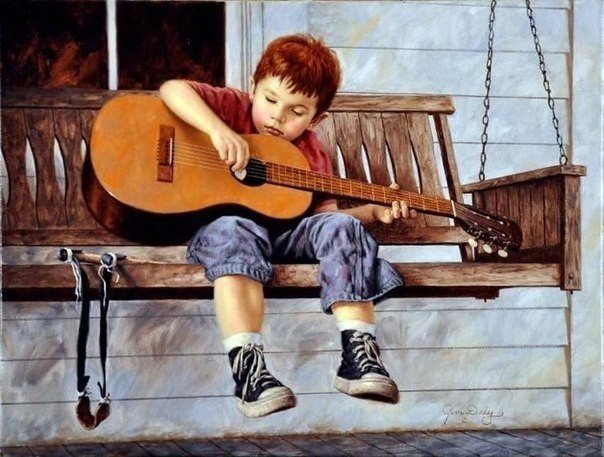 мальчик с гитарой - мальчик, гитара, музыка, скамейка, детское, ребенок - оригинал