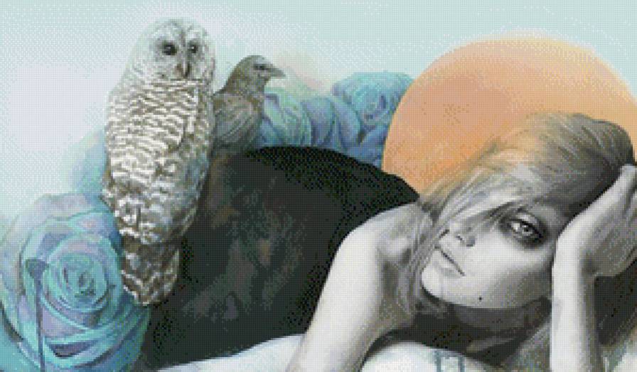 девушка с совой - живопись, женщина, девушка, арт, сова, животные - предпросмотр