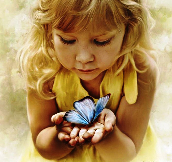 девочка с бабочкой - дети, картина, пано, бабочки - оригинал