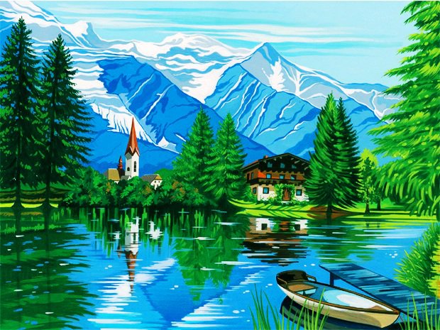 альпийская деревушка - озеро, горы, лодка, домик, пейзаж - оригинал