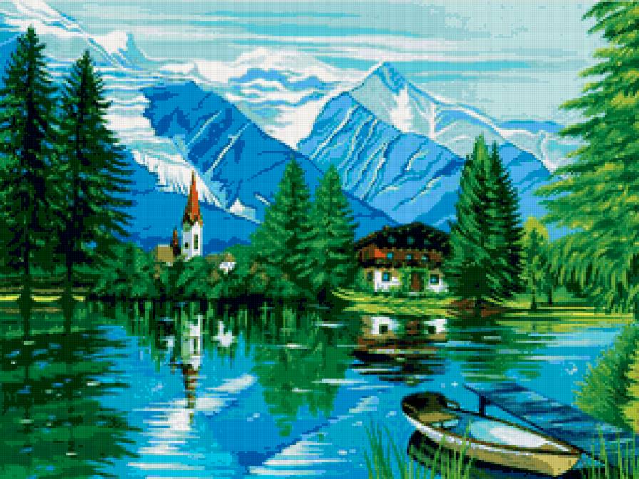 альпийская деревушка - озеро, горы, домик, пейзаж, лодка - предпросмотр