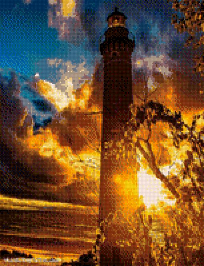 Маяк - море, маяк, закат, солнце - предпросмотр