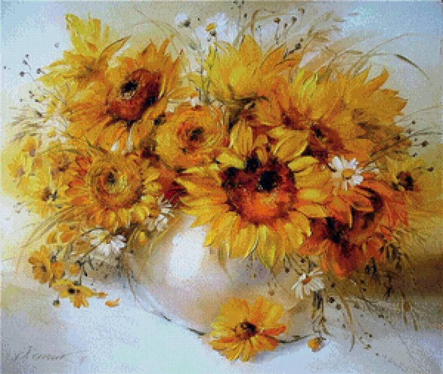 солнечные цветы в вазе - картина, натюрморт, ваза, цветы, букет, подсолнухи, живопись - предпросмотр