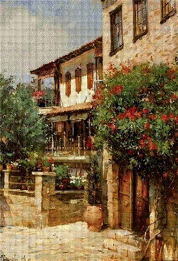 южный город - живопись, лето, жара, пейзаж, цветы, город, юг - предпросмотр