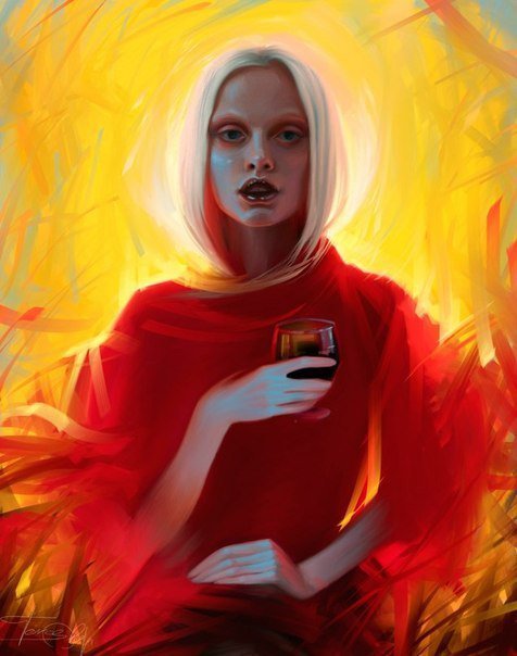 блондинка в красном - бокал, фентэзи, портрет, девушка, блондинка, женщина, вино - оригинал