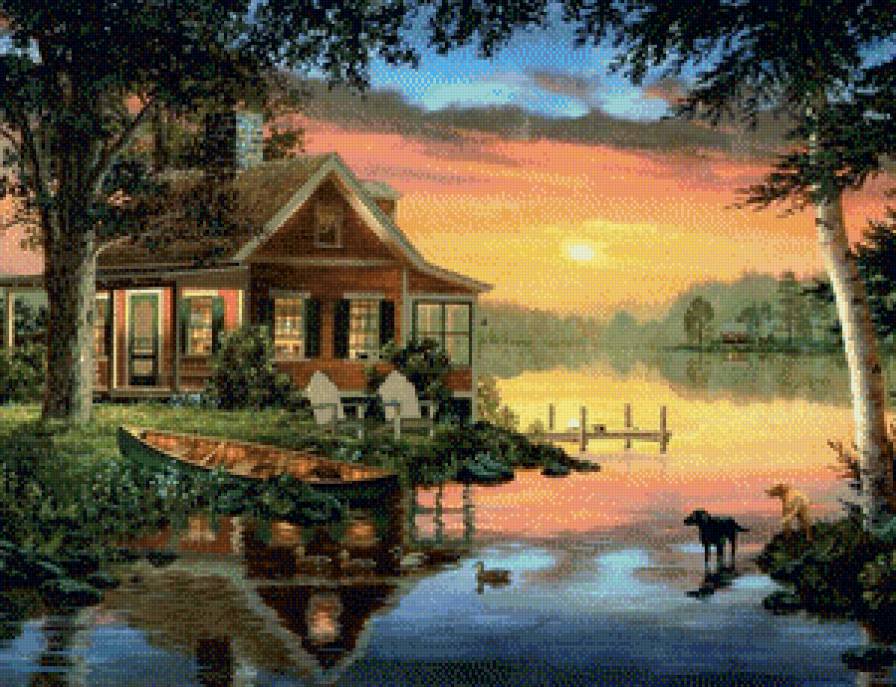Дом у реки - река, собака, вечер, пейзаж, дом - предпросмотр