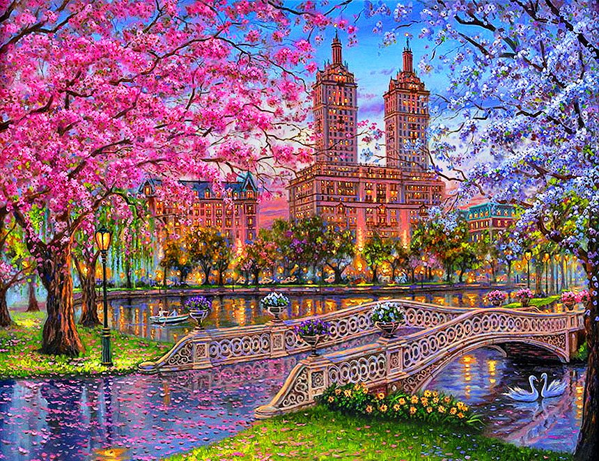 после дождя - цветы, река, пейзаж, город - оригинал