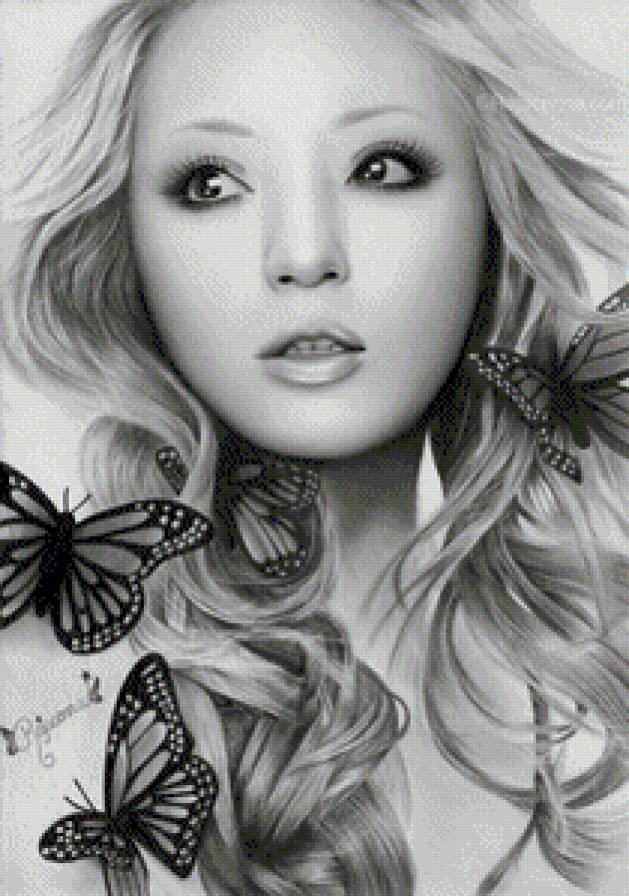 Девушка с бабочками - девушка, черно-белое, бабочки - предпросмотр