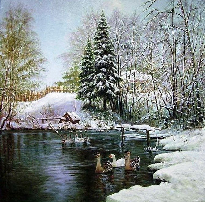 деревенский пейзаж - водоем, птицы, пейзаж, снег, природа - оригинал