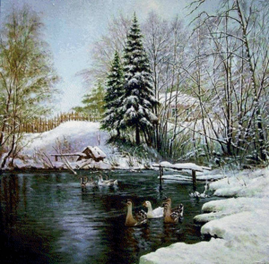 деревенский пейзаж - снег, пейзаж, природа, птицы, водоем - предпросмотр