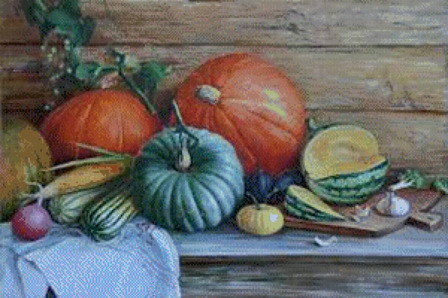 Натюрморт с тыквами - для кухни, овощи, тыквы, для дачи - предпросмотр