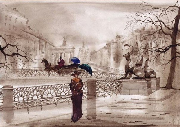 питербург - питербург, монохром, город, карета, пейзаж, зонтик, графика - оригинал