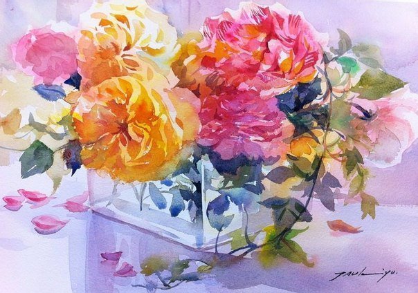 розы в стеклянной вазе - ваза, букет, натюрморт, розы, цветы, живопись - оригинал