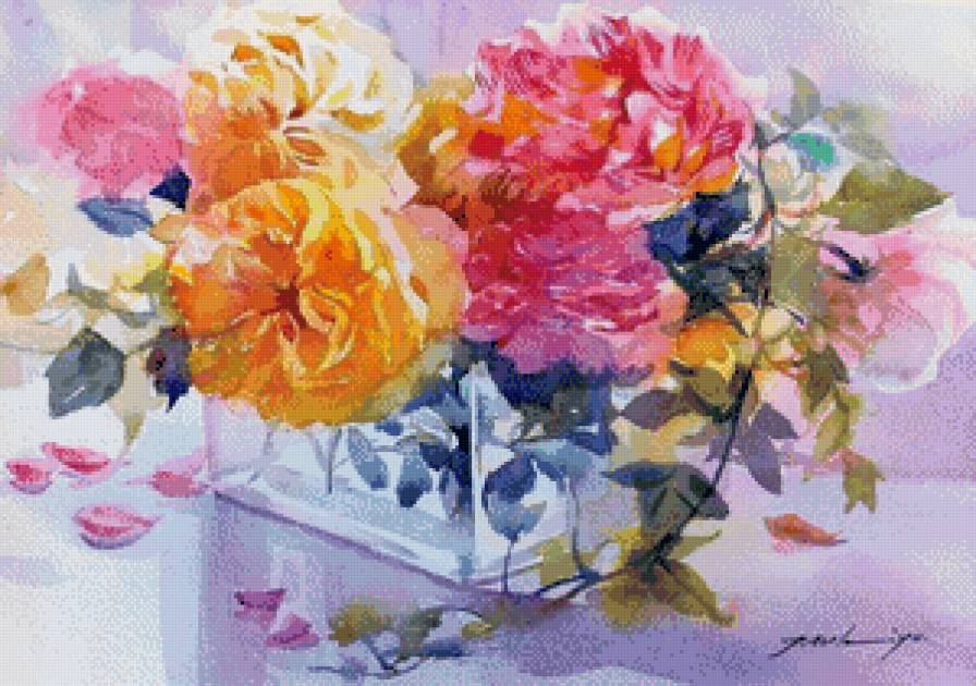 розы в стеклянной вазе - цветы, ваза, букет, живопись, розы, натюрморт - предпросмотр