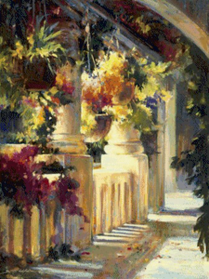 летняя терраса - лето, терраса, живопись, солнце, цветы, жара - предпросмотр