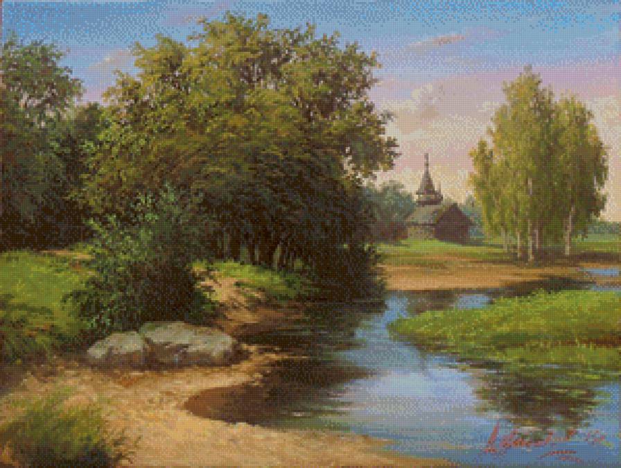 пейзаж - лето, живопись, церковь, природа, озеро - предпросмотр