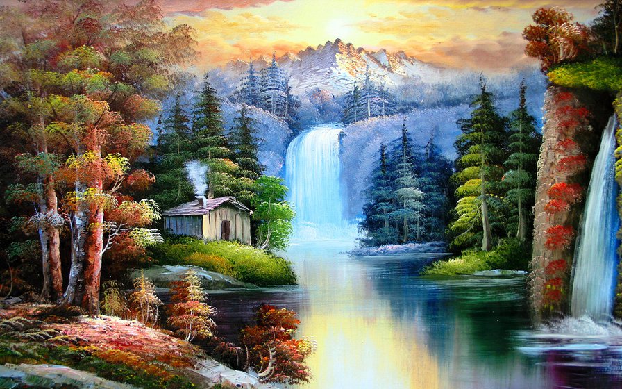 пейзаж с водопадом - дом, лес, пейзаж, водопад, река - оригинал