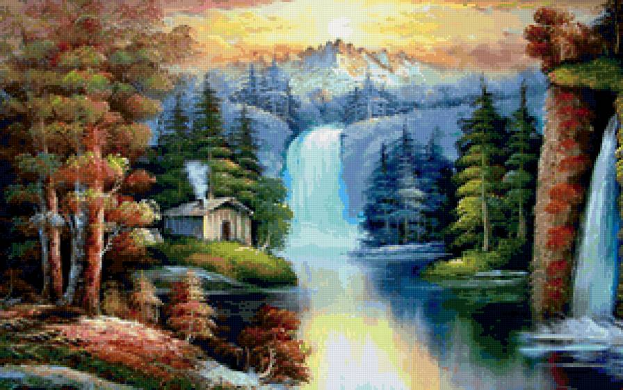 пейзаж с водопадом - пейзаж, река, водопад, лес, дом - предпросмотр