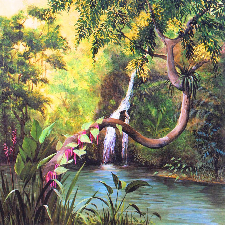 тропический пейзаж - река, лес, пейзаж, водопад - оригинал