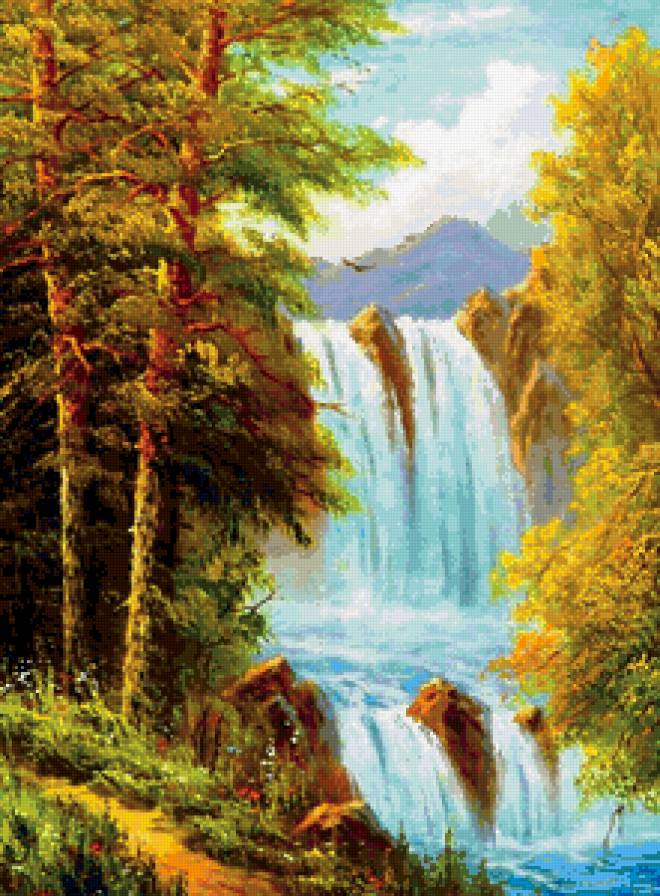 пейзаж с водопадом - река, водопад, лес, пейзаж - предпросмотр