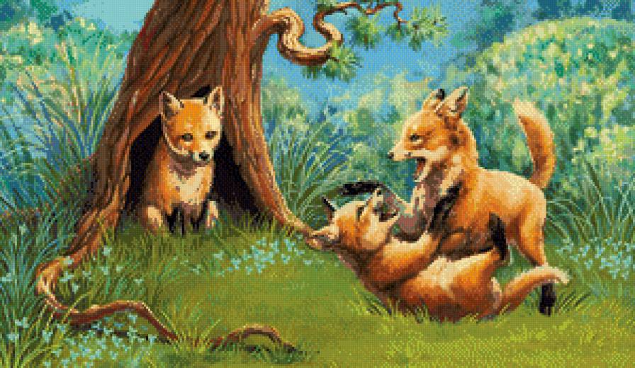 лисички - лес, животные, лиса, лисята - предпросмотр