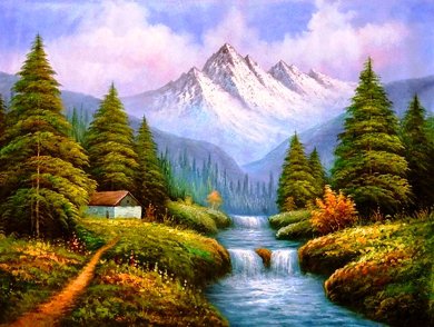 пейзаж с водопадом - горы, лес, водопад, пейзаж, река - оригинал