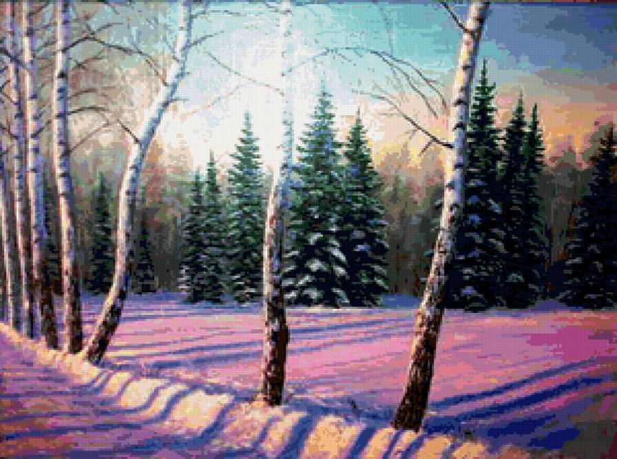 восход - зима, снег, пейзаж, деревья - предпросмотр