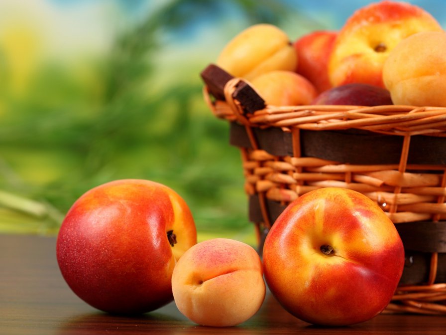 Абрикосы и нектарин - персики, нектарин, корзинка, абрикосы, фрукты - оригинал