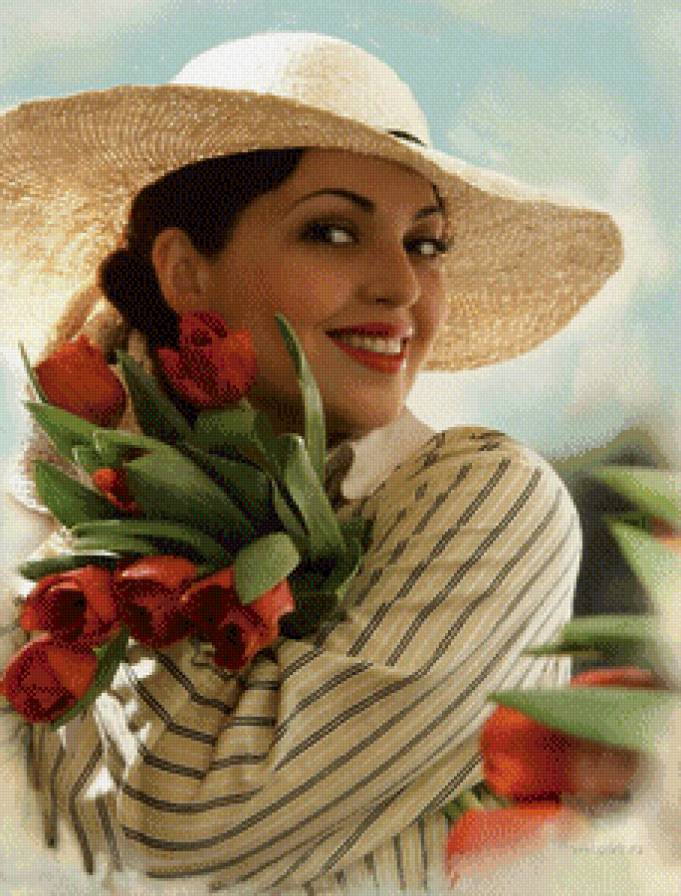 Девушка с тюльпанами - девушка, тюльпаны, цветы - предпросмотр