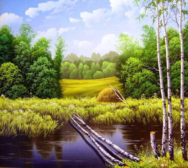 пейзаж с березами - березы, ручей, пейзаж, лес - оригинал