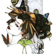 Оригинал схемы вышивки «Гейша с бабочками» (№710717)