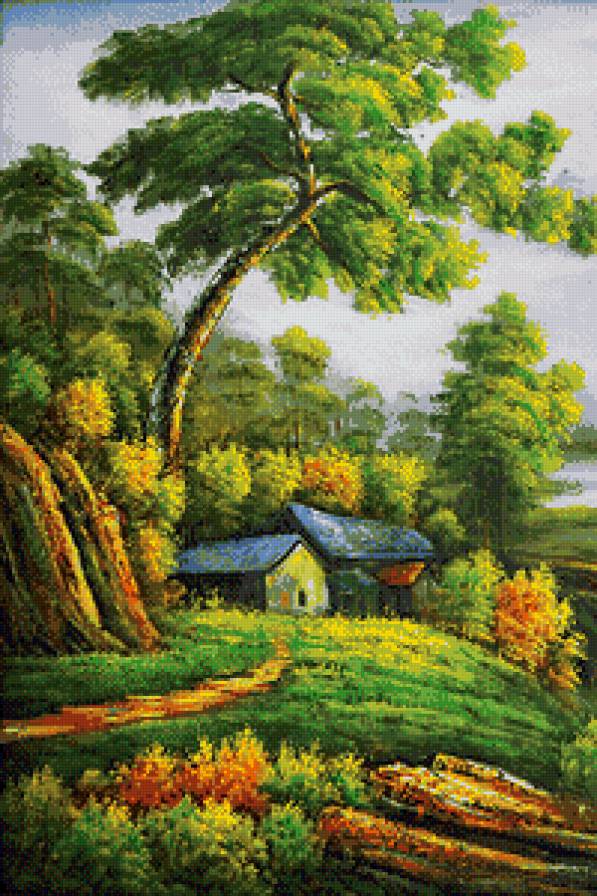 триптих водопад в лесу (левая часть) - триптих, природа, лес, водопад, домик - предпросмотр