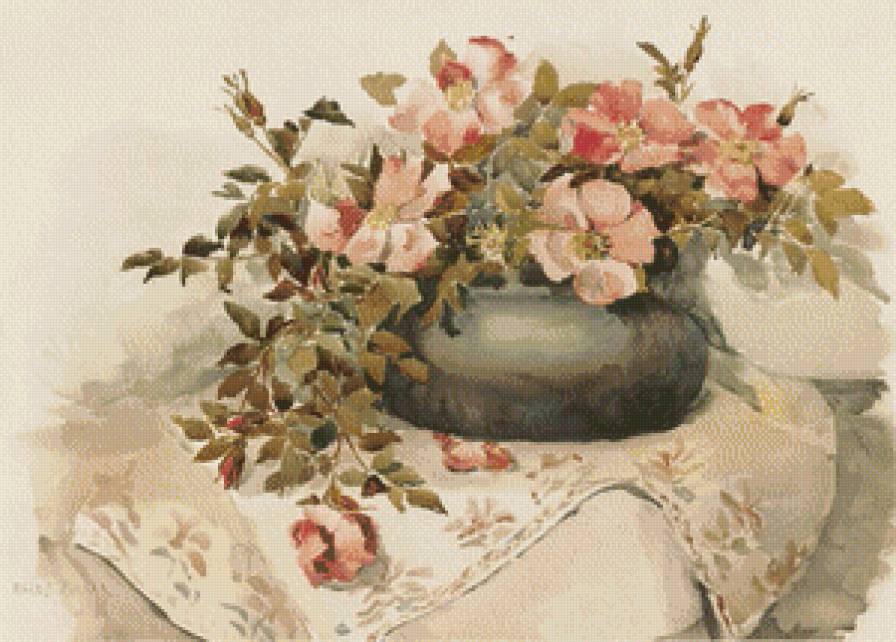 Букет шиповника - винтажные цветы, натюрморт, цветы шиповника, ваза, букет - предпросмотр