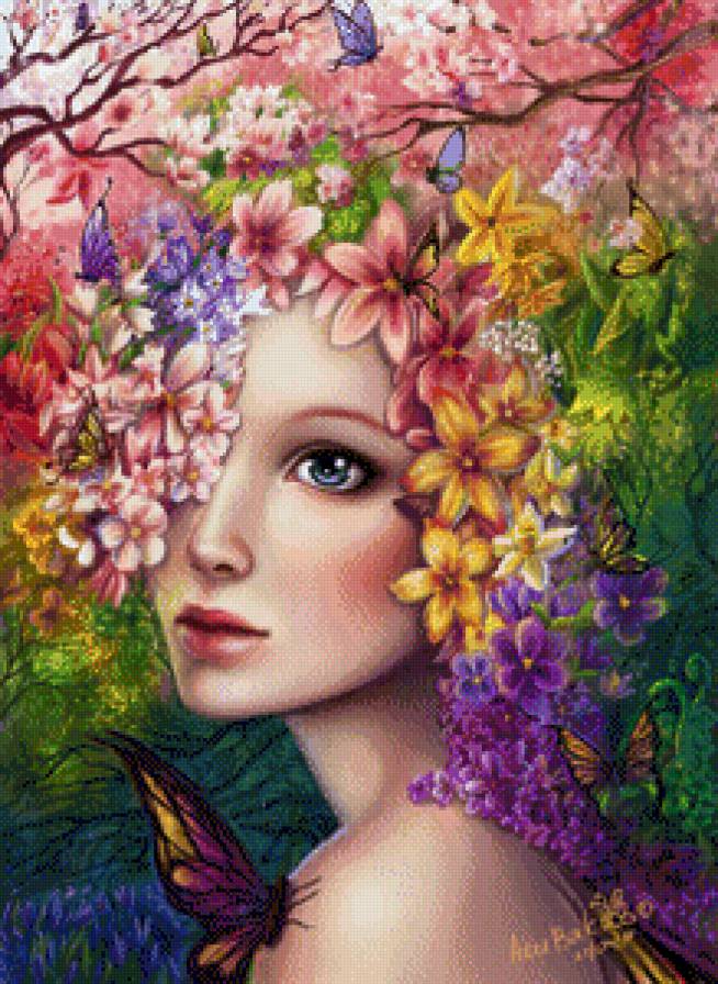 №711658 - цветы, бабочки, портрет, девушка, весна, фэнтези, картина - предпросмотр