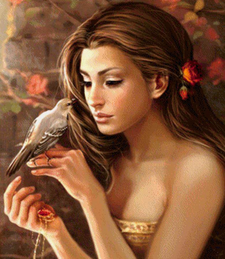 №711659 - красота, фэнтези, картина, цветы, портрет, птицы, девушка - предпросмотр