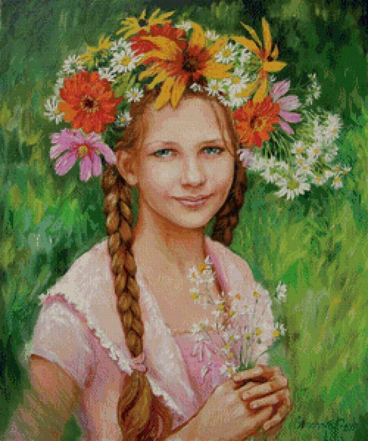 №711686 - девушка, венок, картина, портрет, сад, красота, цветы - предпросмотр