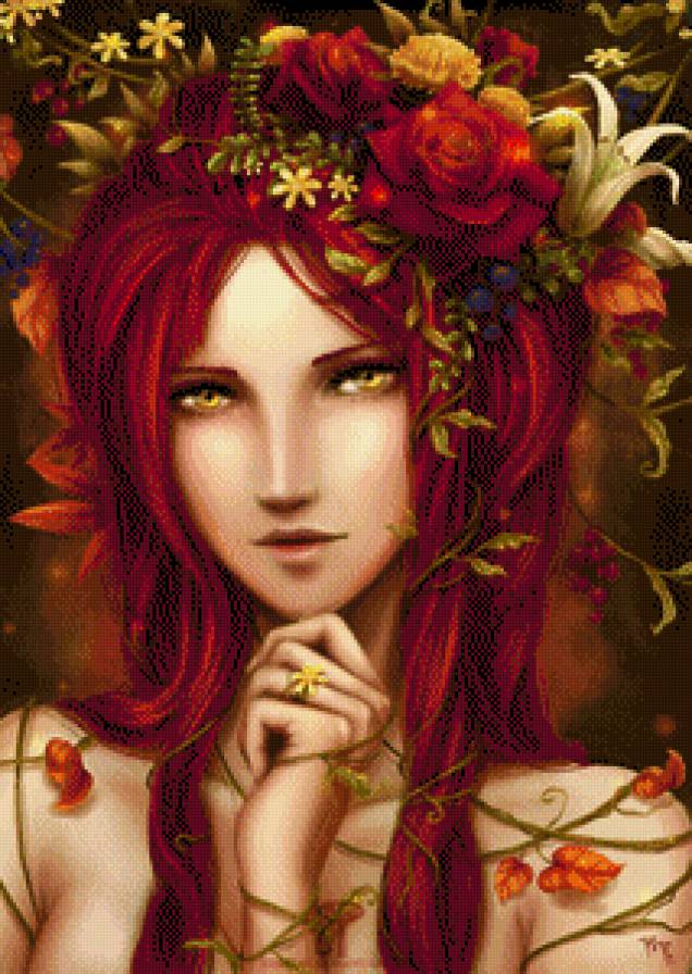 №711691 - картина, фэнтези, портрет, красота, цветы, девушка - предпросмотр