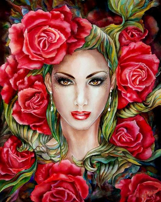 №711700 - цветы, розы, картина, красота, фэнтези, девушка, портрет - оригинал