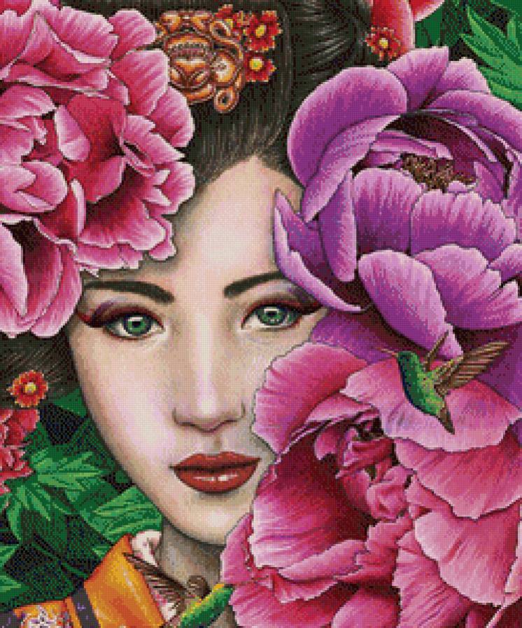 №711702 - япония, картина, пионы, восток, фэнтези, девушка, цветы - предпросмотр