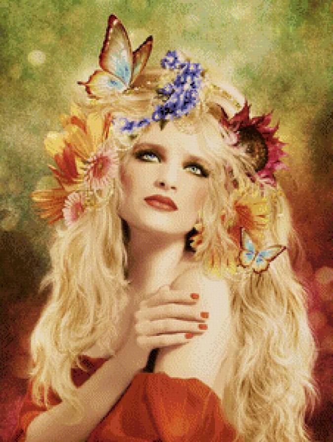 №711713 - портрет, цветы, девушка, бабочки, картина, красота, фэнтези - предпросмотр