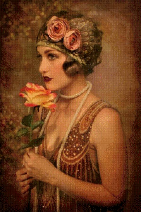 №711720 - девушка, портрет, красота, картина, ретро, цветы, роза - предпросмотр