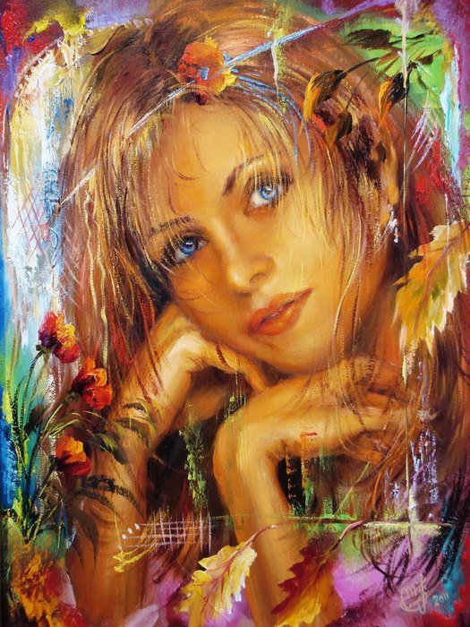 №711747 - портрет, красота, листья, девушка, картина, осень - оригинал