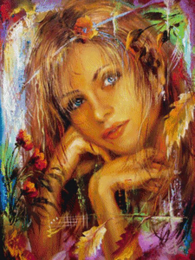 №711747 - листья, осень, портрет, красота, девушка, картина - предпросмотр