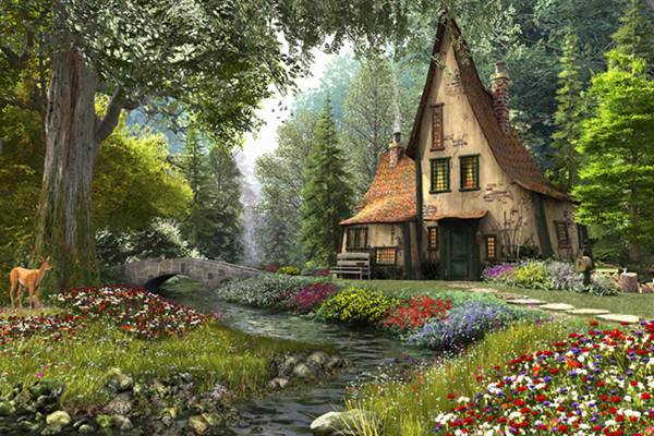 Уютный дом - домик, лес, река, дом - оригинал